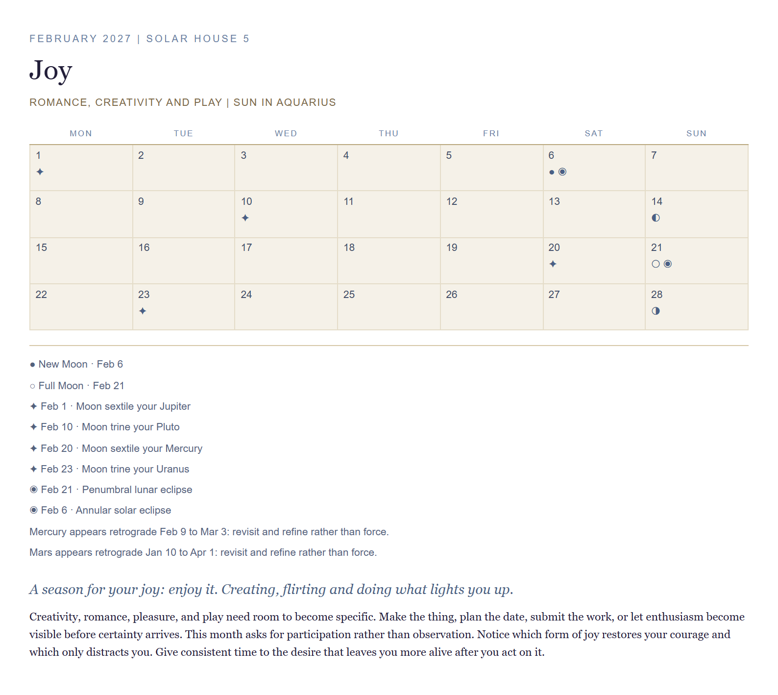 A finished February 2027 almanac page with computed moon phases, eclipses, and personal aspect days